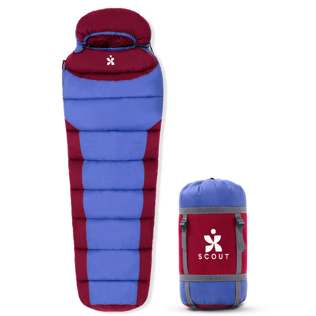 Scout mummy sleeping bag with compression stuff sack