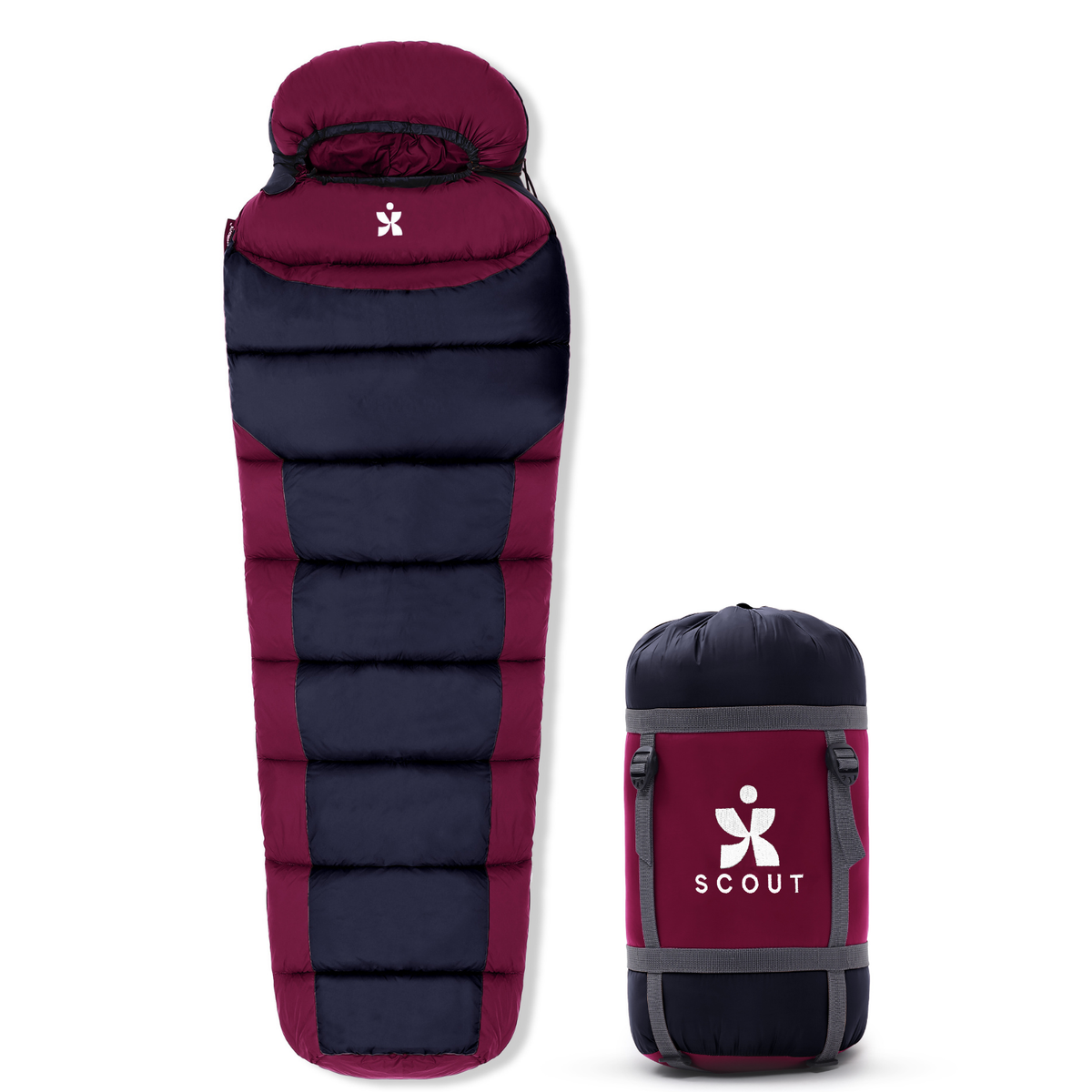 Scout mummy sleeping bag with compression stuff sack