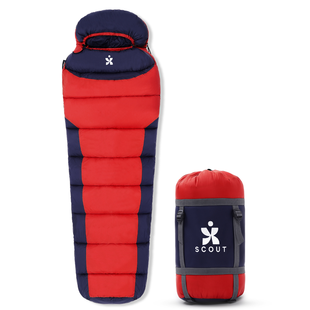 Scout mummy sleeping bag with compression stuff sack