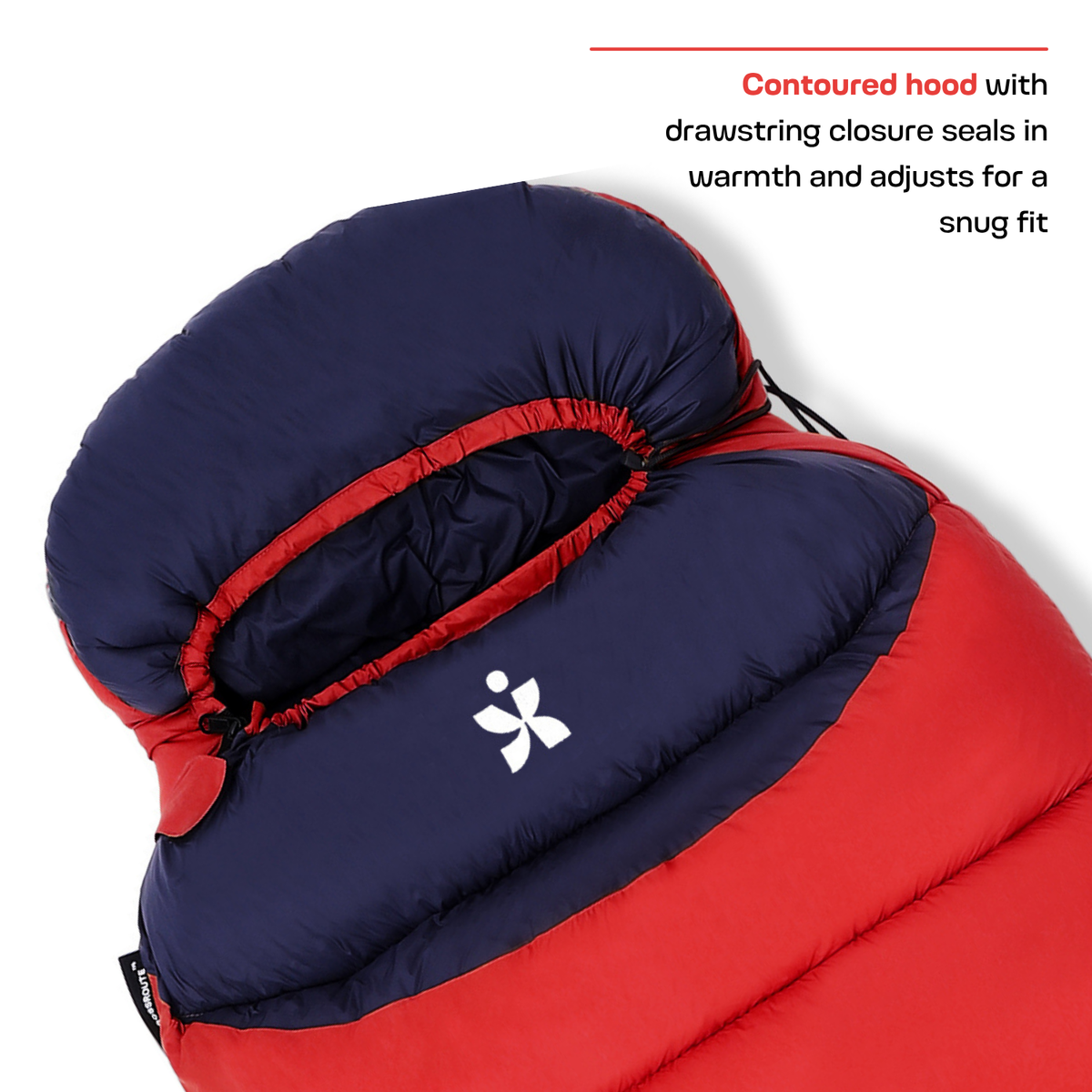 Scout mummy sleeping bag with contoured drawstring hood